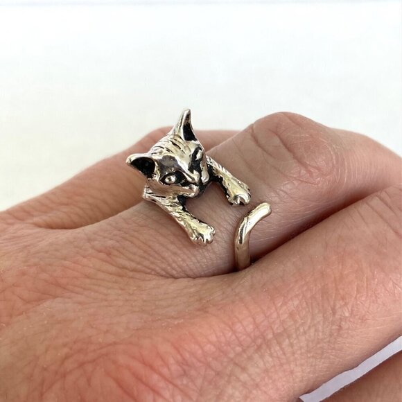 Sterling Silver 925 Adjustable 3D Cat Kitten Animal Wide Band Bypass Ring Sz 6 - Picture 11 of 16